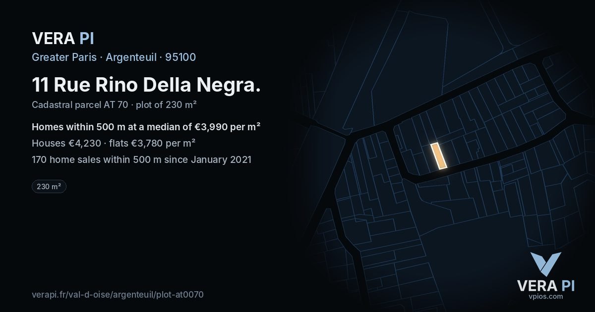 11 Rue Rino Della Negra, Argenteuil at night – the plot lit, the parcels around coloured by the prices near them