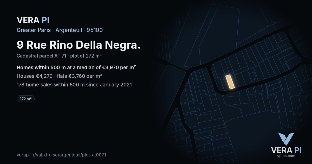 9 Rue Rino Della Negra, Argenteuil at night – the plot lit, the parcels around coloured by the prices near them