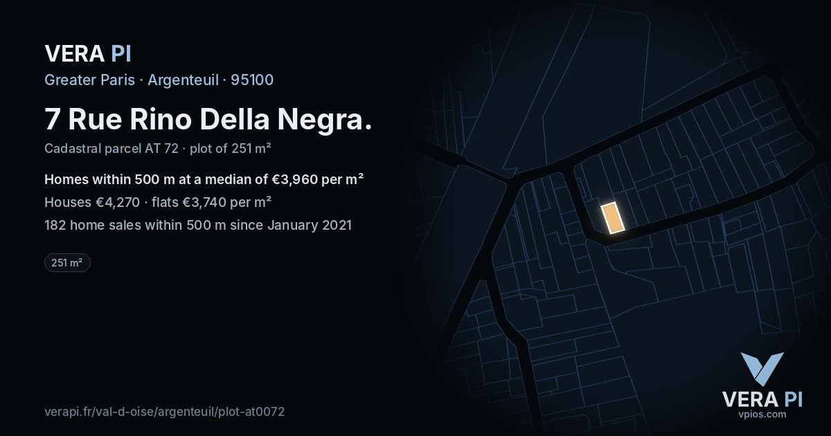 7 Rue Rino Della Negra, Argenteuil at night – the plot lit, the parcels around coloured by the prices near them