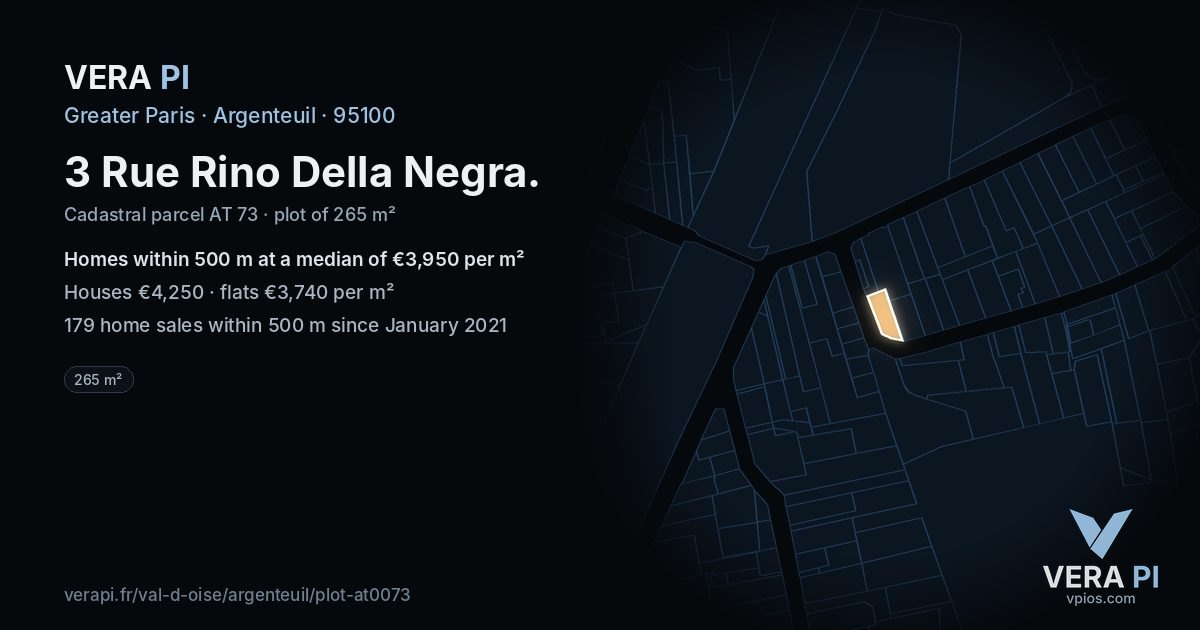 3 Rue Rino Della Negra, Argenteuil at night – the plot lit, the parcels around coloured by the prices near them