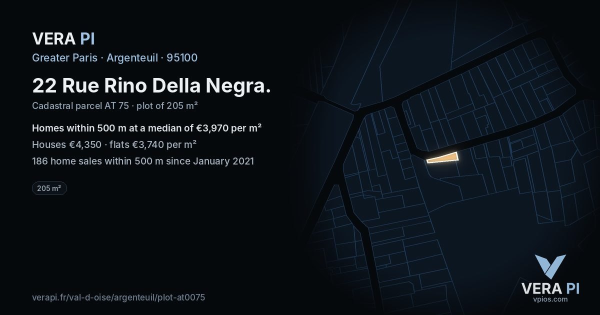 22 Rue Rino Della Negra, Argenteuil at night – the plot lit, the parcels around coloured by the prices near them