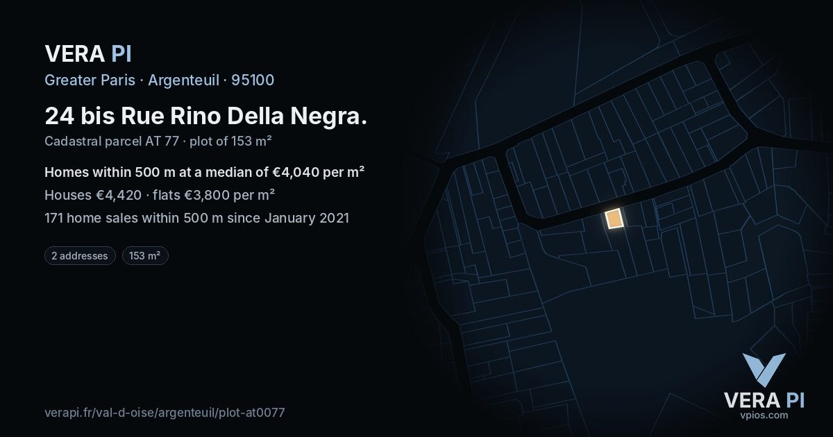 24 bis Rue Rino Della Negra, Argenteuil at night – the plot lit, the parcels around coloured by the prices near them