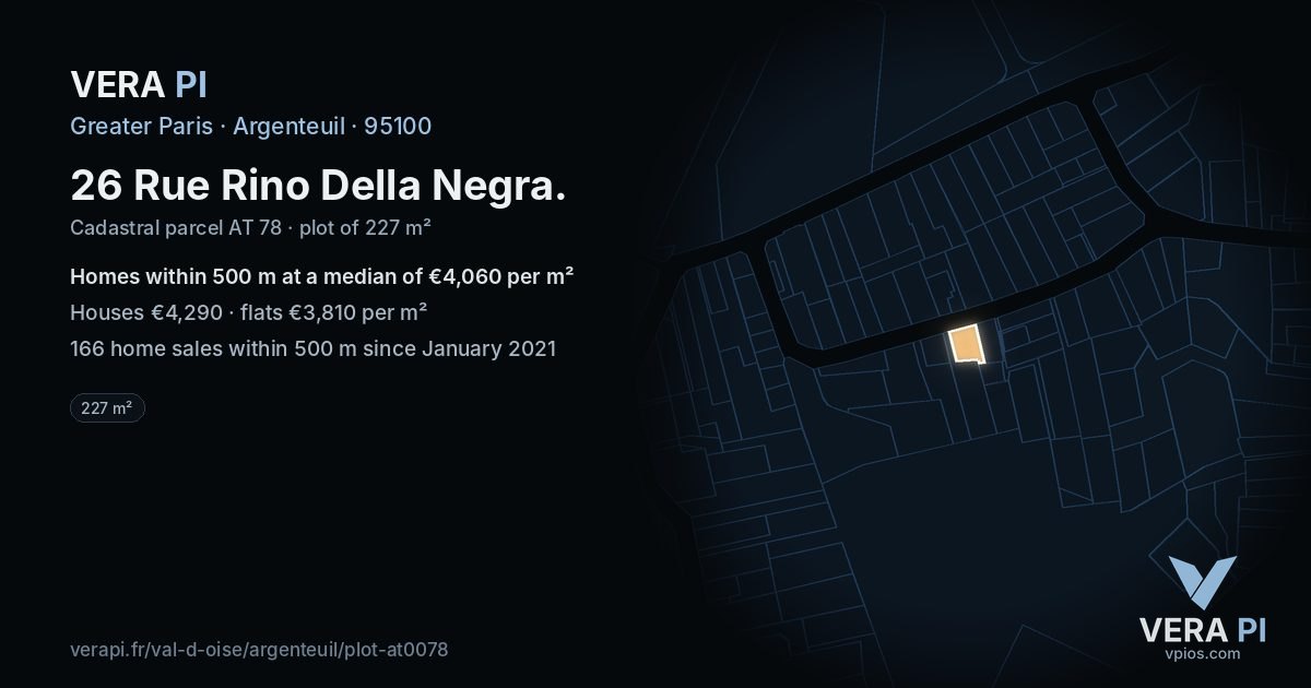 26 Rue Rino Della Negra, Argenteuil at night – the plot lit, the parcels around coloured by the prices near them