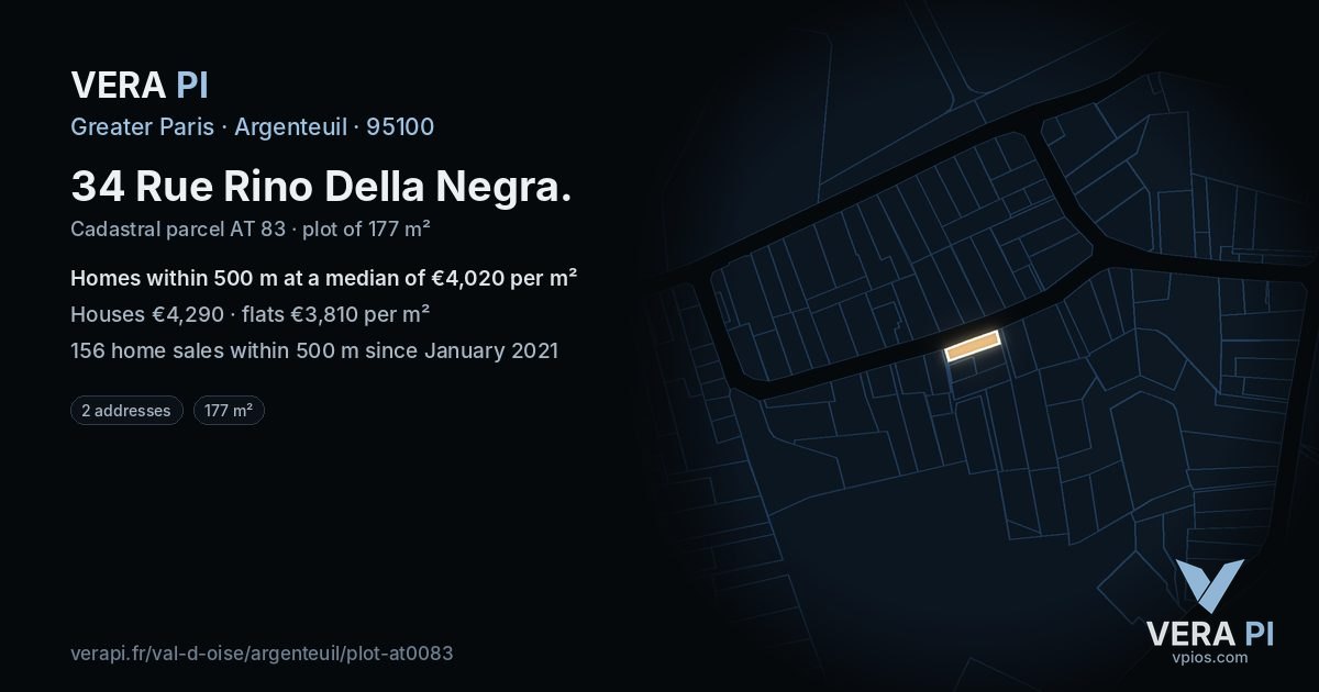 34 Rue Rino Della Negra, Argenteuil at night – the plot lit, the parcels around coloured by the prices near them