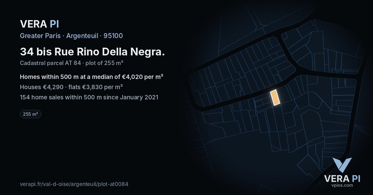 34 bis Rue Rino Della Negra, Argenteuil at night – the plot lit, the parcels around coloured by the prices near them