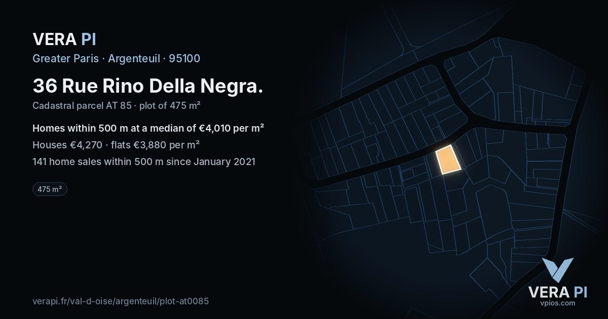 36 Rue Rino Della Negra, Argenteuil at night – the plot lit, the parcels around coloured by the prices near them