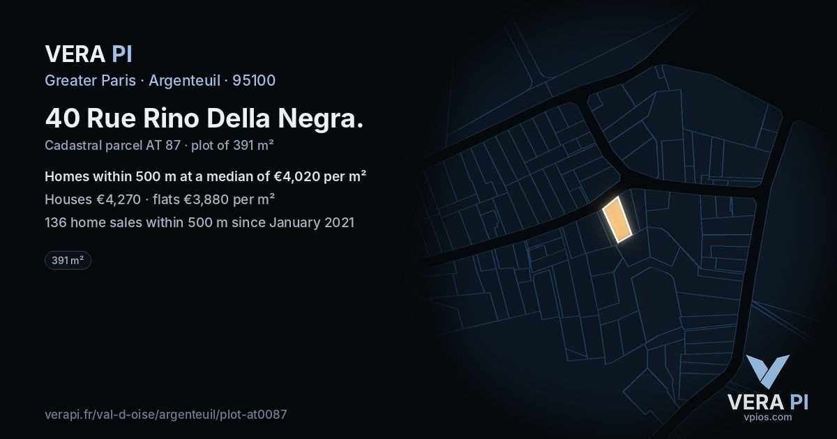 40 Rue Rino Della Negra, Argenteuil at night – the plot lit, the parcels around coloured by the prices near them