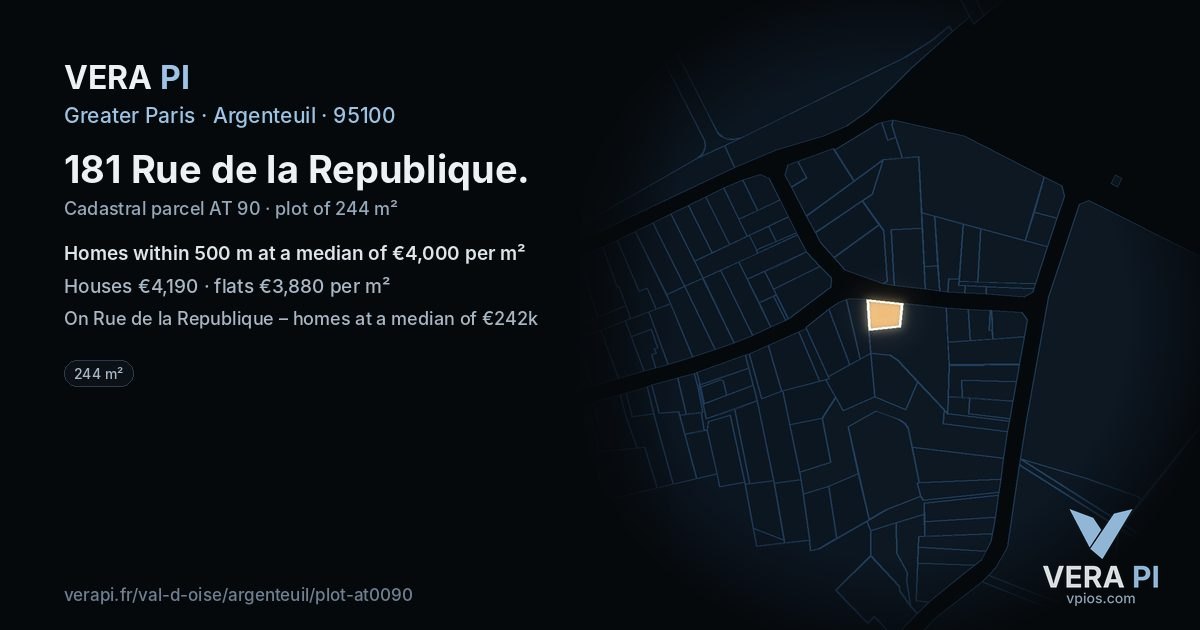 181 Rue de la Republique, Argenteuil at night – the plot lit, the parcels around coloured by the prices near them