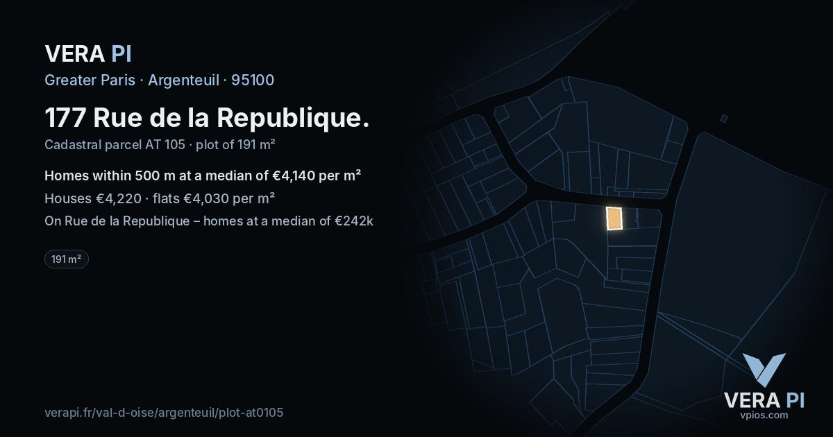 177 Rue de la Republique, Argenteuil at night – the plot lit, the parcels around coloured by the prices near them