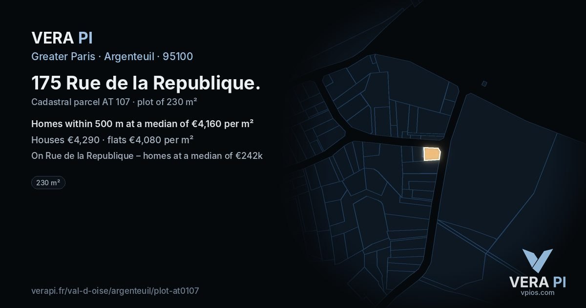 175 Rue de la Republique, Argenteuil at night – the plot lit, the parcels around coloured by the prices near them
