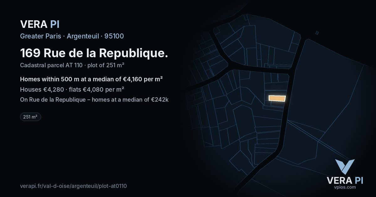 169 Rue de la Republique, Argenteuil at night – the plot lit, the parcels around coloured by the prices near them
