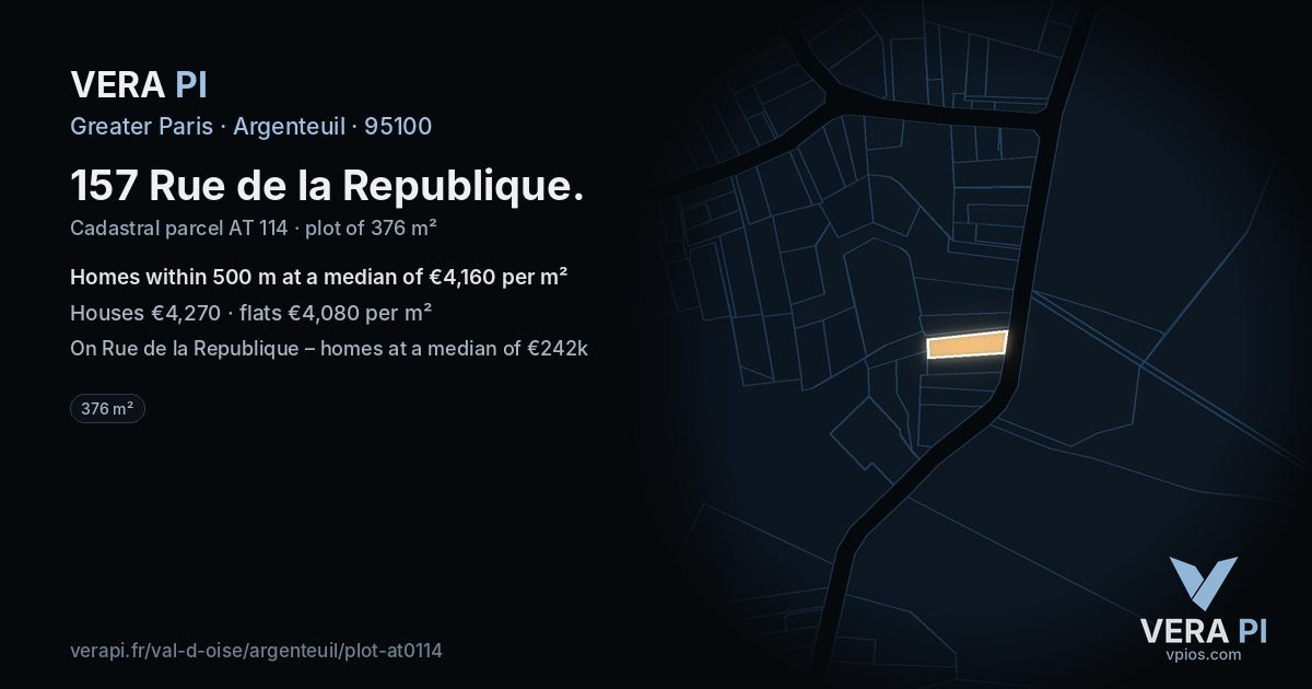 157 Rue de la Republique, Argenteuil at night – the plot lit, the parcels around coloured by the prices near them