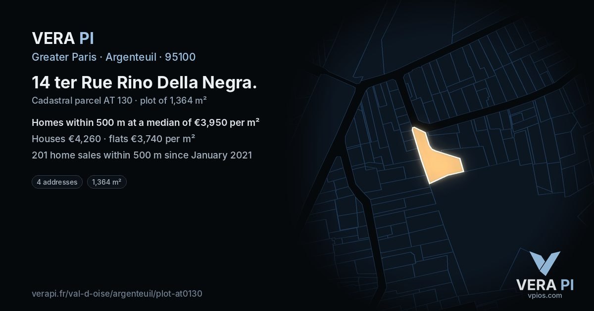 14 ter Rue Rino Della Negra, Argenteuil at night – the plot lit, the parcels around coloured by the prices near them