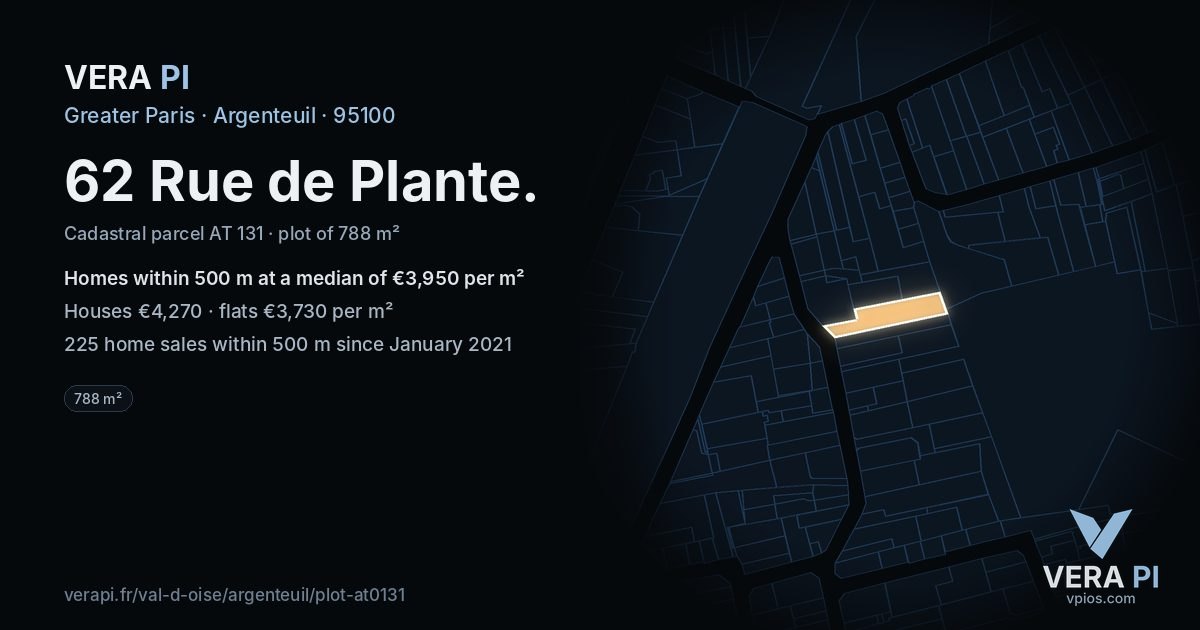 62 Rue de Plante, Argenteuil at night – the plot lit, the parcels around coloured by the prices near them