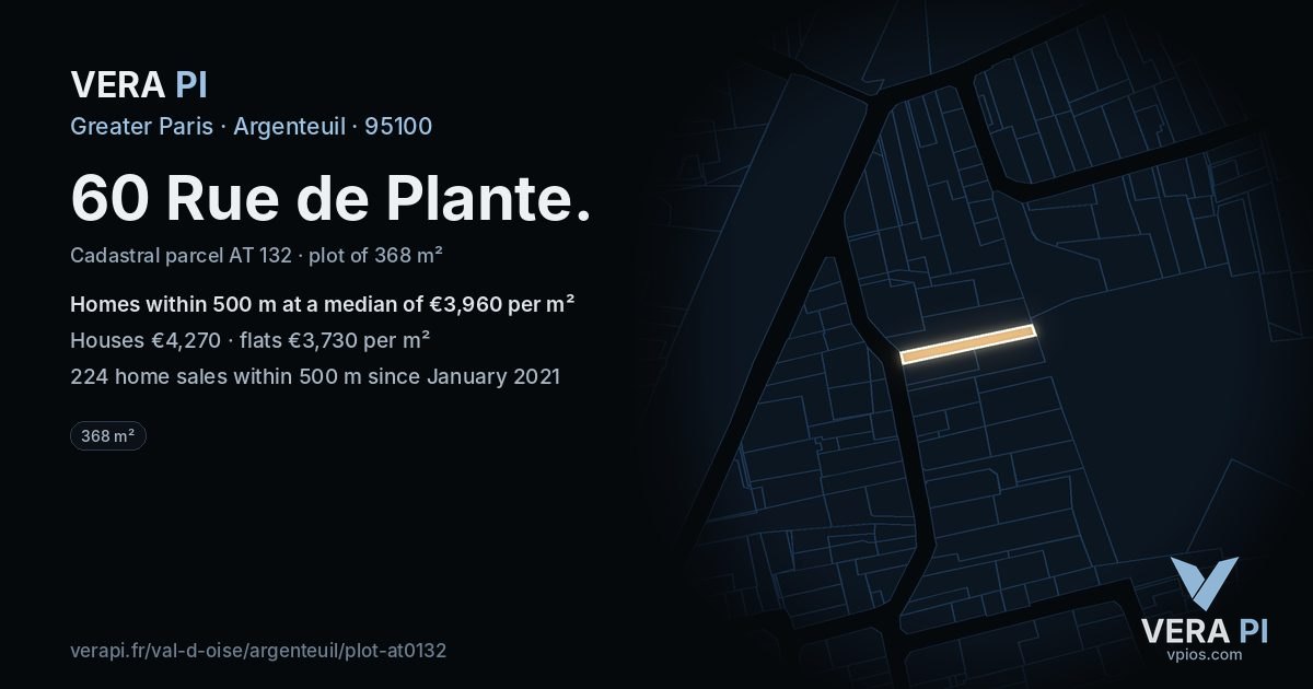 60 Rue de Plante, Argenteuil at night – the plot lit, the parcels around coloured by the prices near them