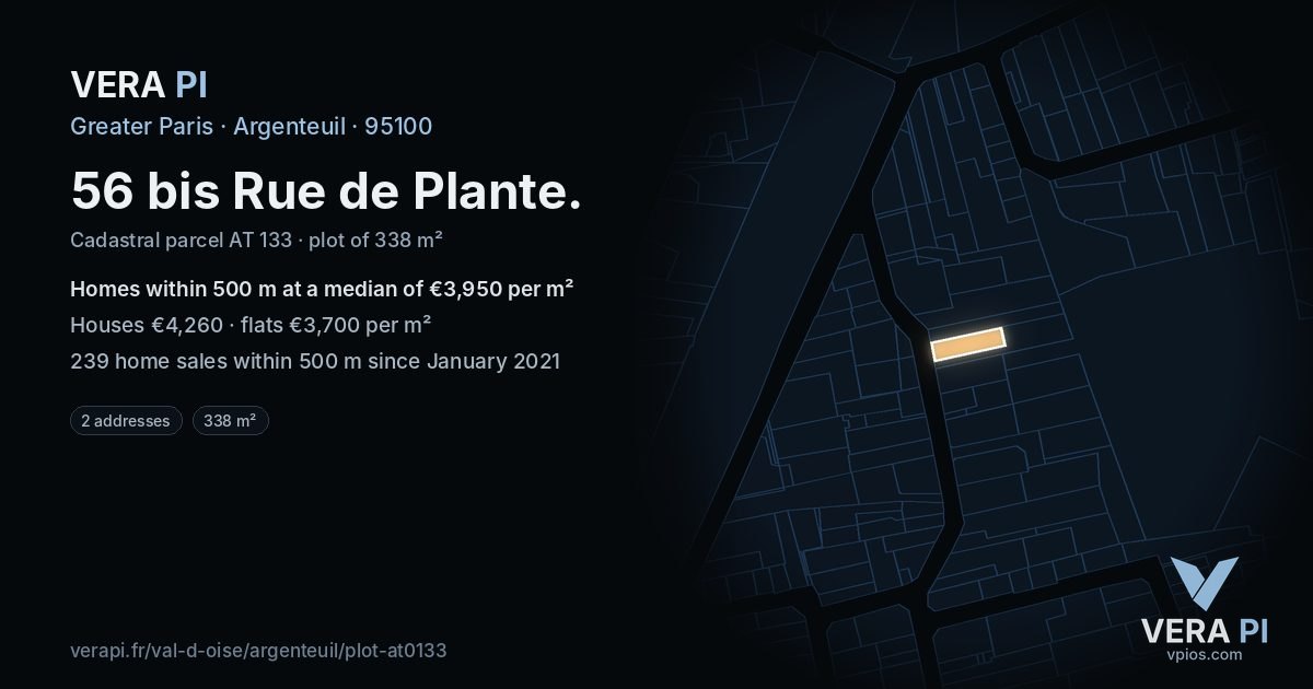 56 bis Rue de Plante, Argenteuil at night – the plot lit, the parcels around coloured by the prices near them