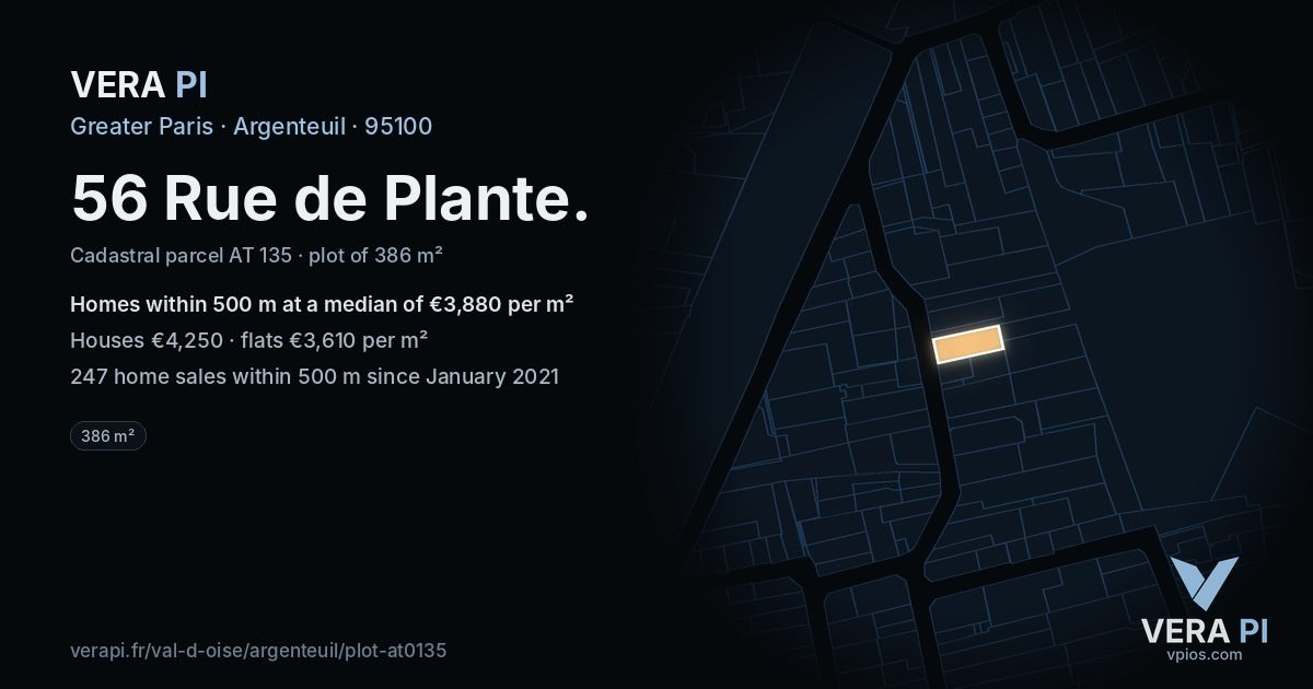 56 Rue de Plante, Argenteuil at night – the plot lit, the parcels around coloured by the prices near them