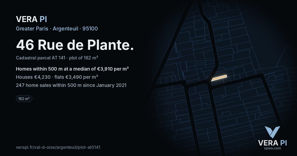 46 Rue de Plante, Argenteuil at night – the plot lit, the parcels around coloured by the prices near them
