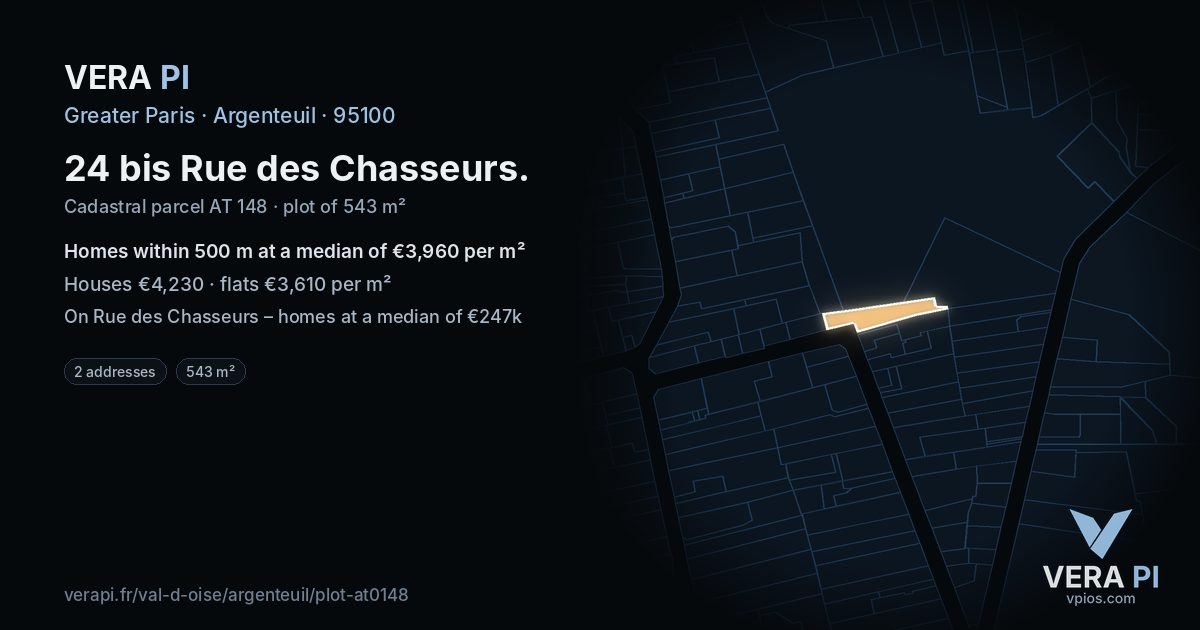 24 bis Rue des Chasseurs, Argenteuil at night – the plot lit, the parcels around coloured by the prices near them