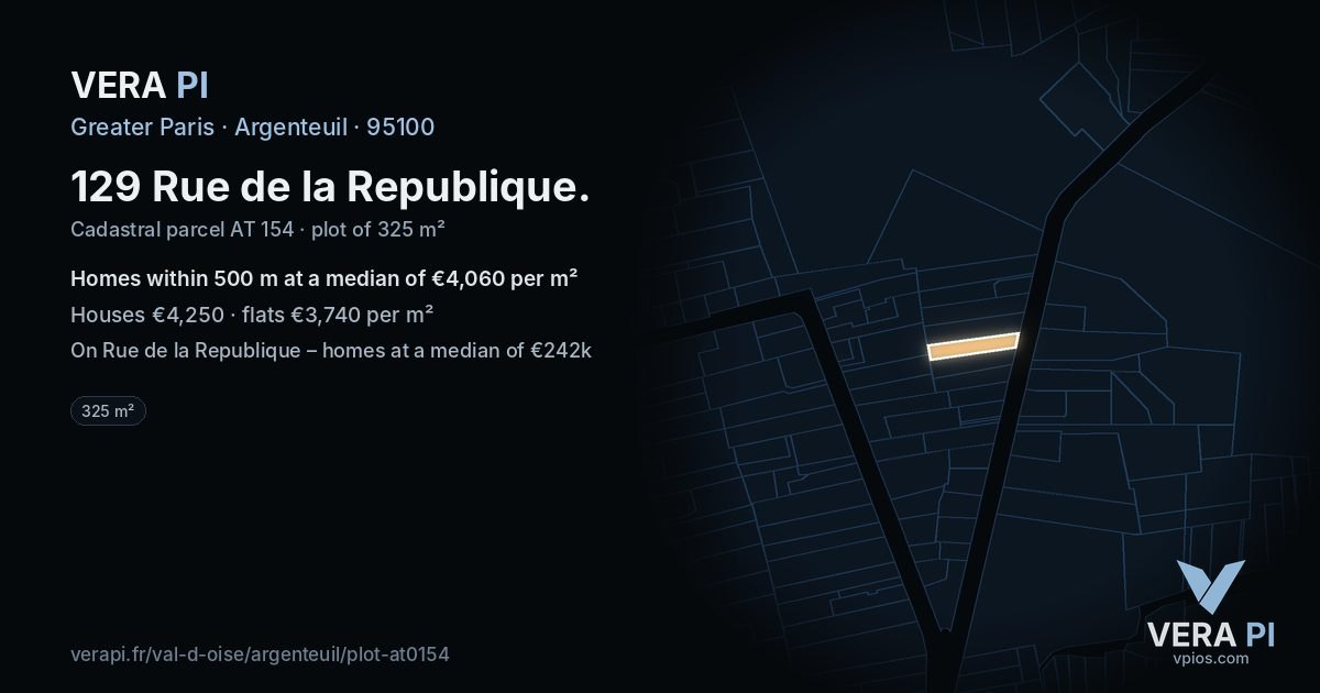 129 Rue de la Republique, Argenteuil at night – the plot lit, the parcels around coloured by the prices near them