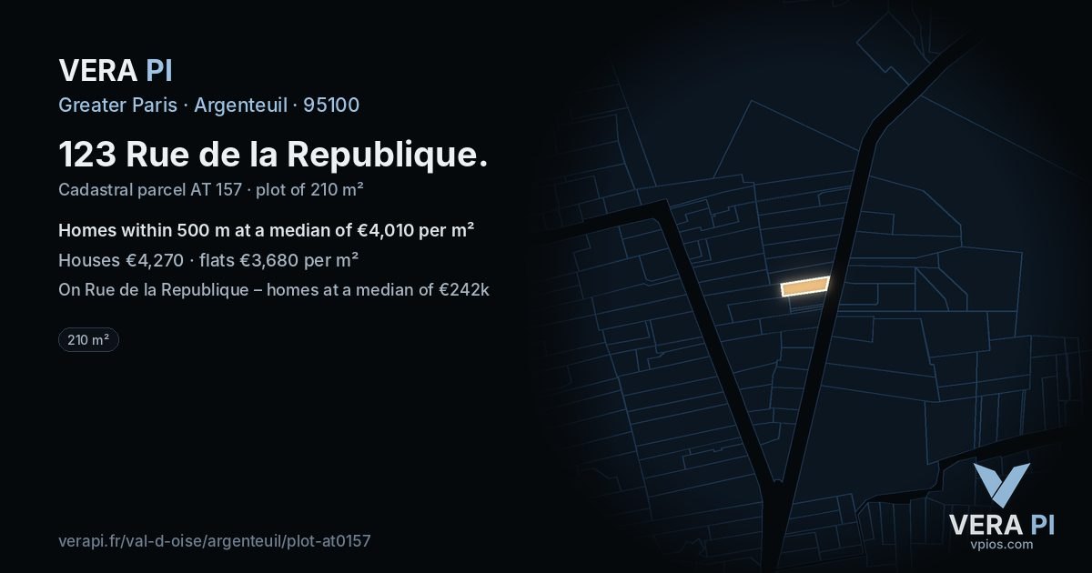 123 Rue de la Republique, Argenteuil at night – the plot lit, the parcels around coloured by the prices near them
