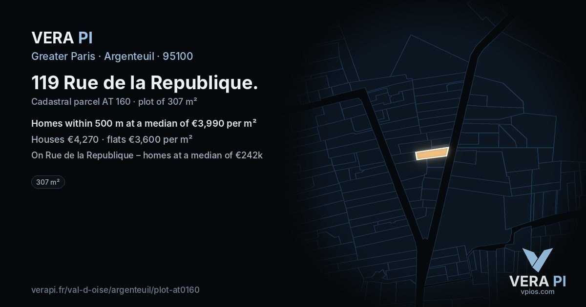 119 Rue de la Republique, Argenteuil at night – the plot lit, the parcels around coloured by the prices near them