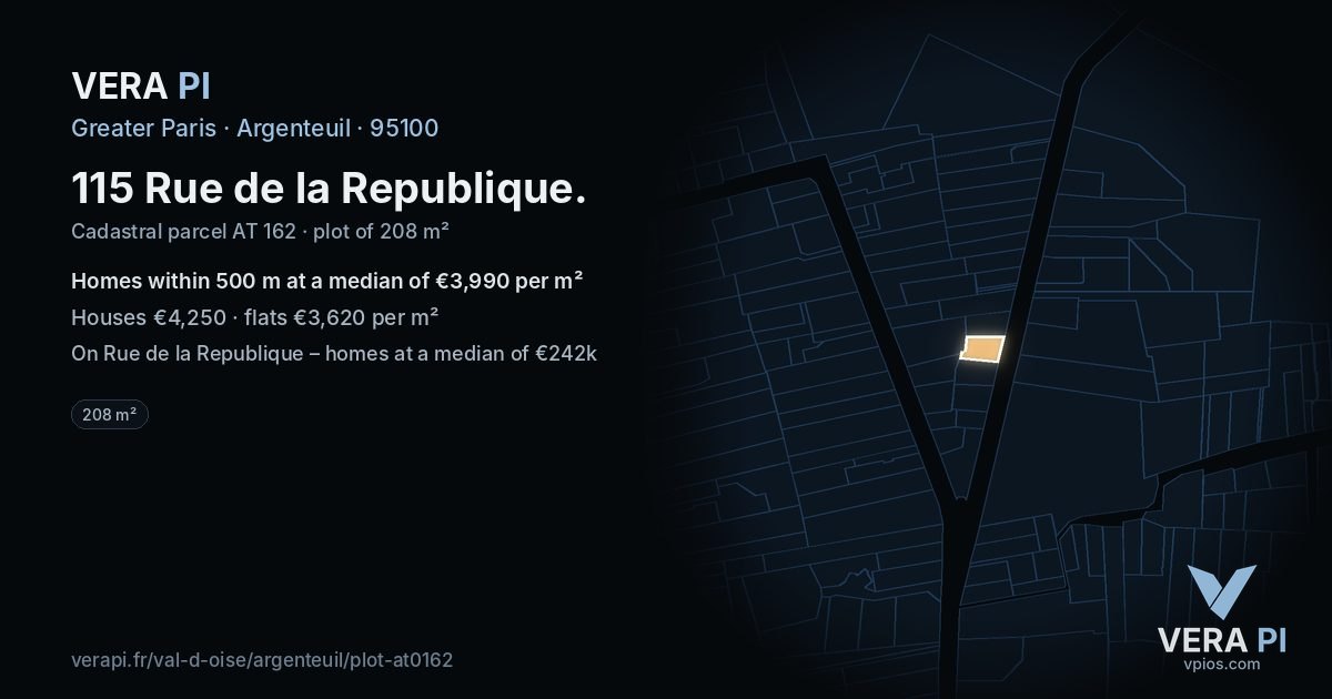 115 Rue de la Republique, Argenteuil at night – the plot lit, the parcels around coloured by the prices near them