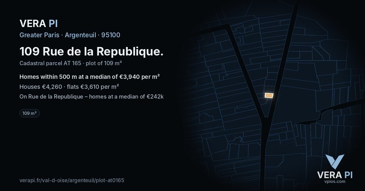 109 Rue de la Republique, Argenteuil at night – the plot lit, the parcels around coloured by the prices near them