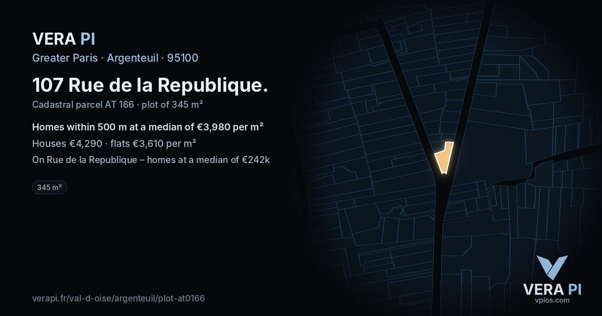 107 Rue de la Republique, Argenteuil at night – the plot lit, the parcels around coloured by the prices near them