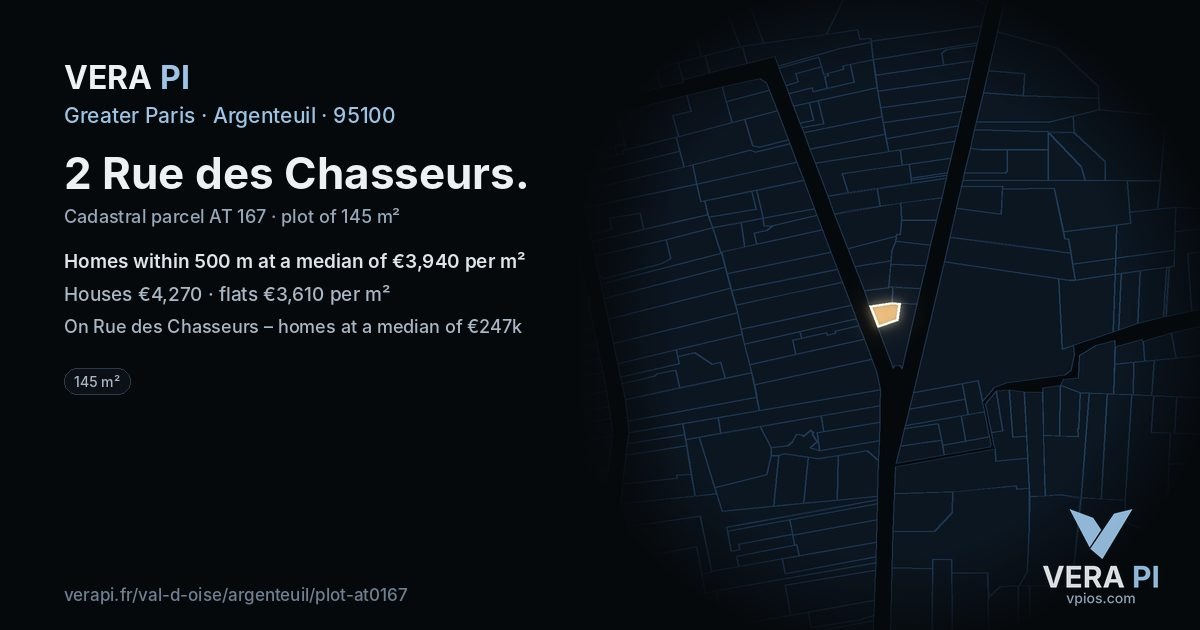 2 Rue des Chasseurs, Argenteuil at night – the plot lit, the parcels around coloured by the prices near them