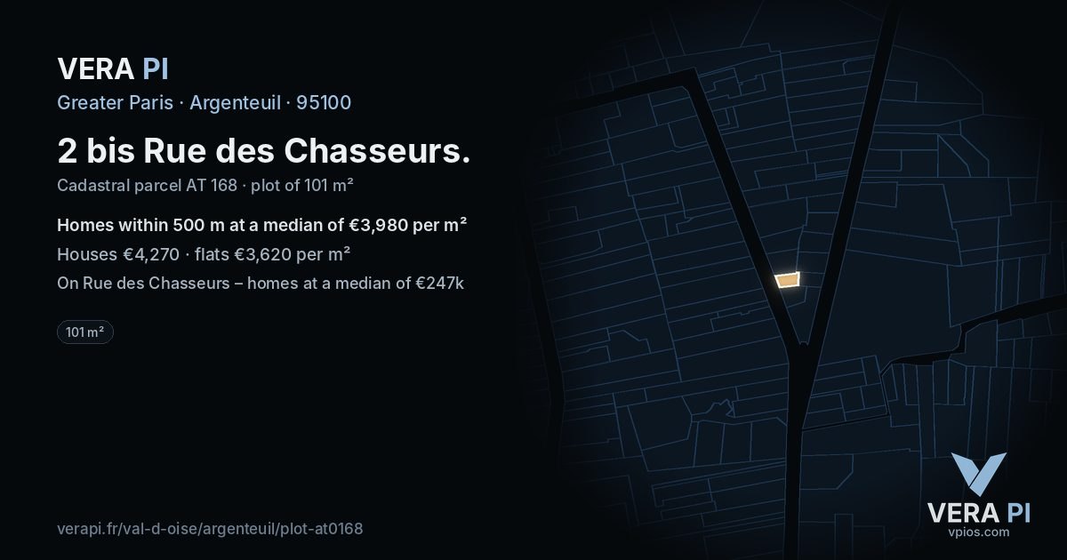 2 bis Rue des Chasseurs, Argenteuil at night – the plot lit, the parcels around coloured by the prices near them