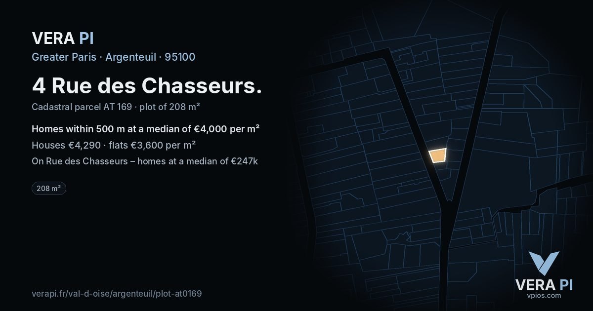 4 Rue des Chasseurs, Argenteuil at night – the plot lit, the parcels around coloured by the prices near them