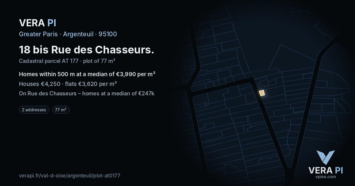 18 bis Rue des Chasseurs, Argenteuil at night – the plot lit, the parcels around coloured by the prices near them