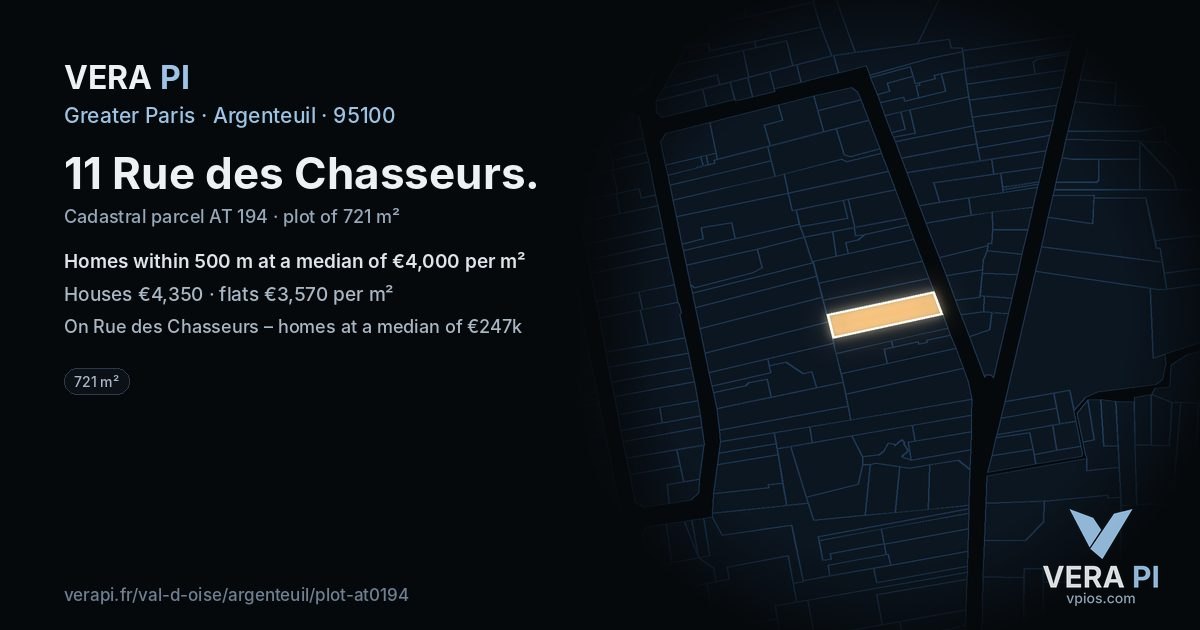 11 Rue des Chasseurs, Argenteuil at night – the plot lit, the parcels around coloured by the prices near them