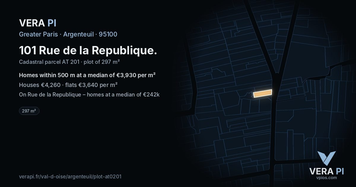 101 Rue de la Republique, Argenteuil at night – the plot lit, the parcels around coloured by the prices near them