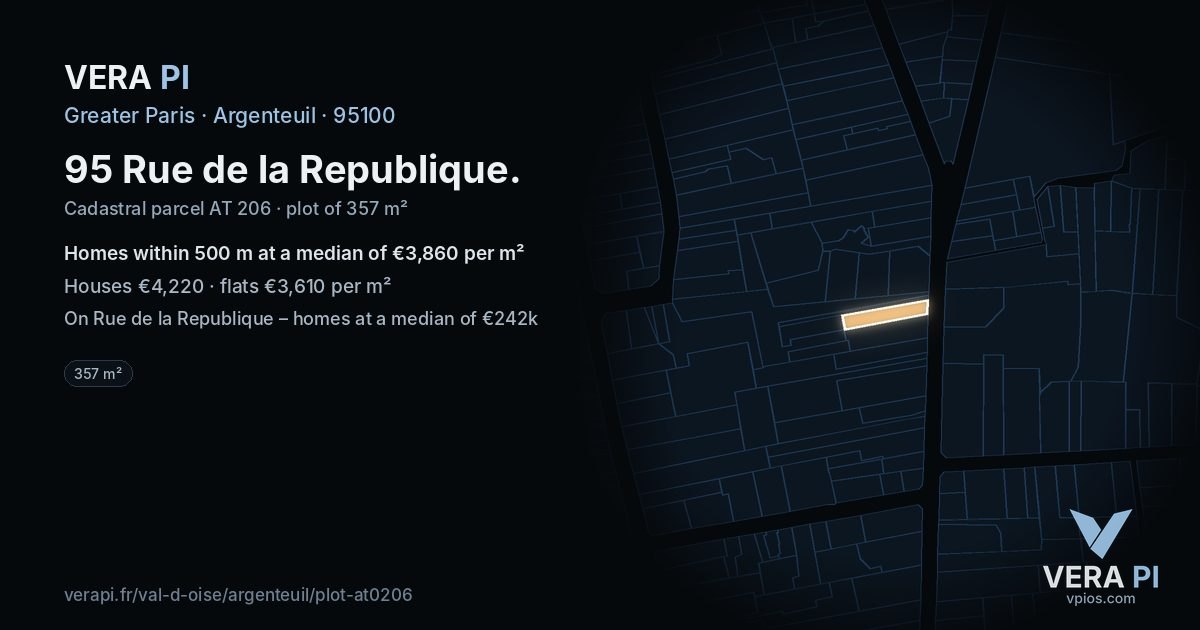 95 Rue de la Republique, Argenteuil at night – the plot lit, the parcels around coloured by the prices near them