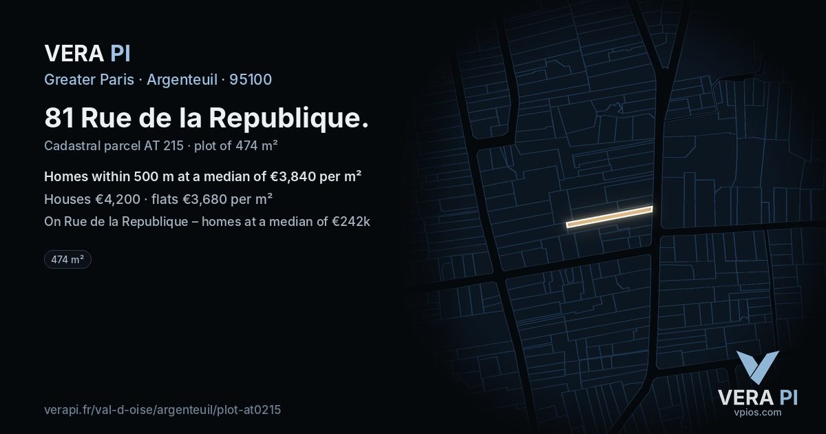 81 Rue de la Republique, Argenteuil at night – the plot lit, the parcels around coloured by the prices near them