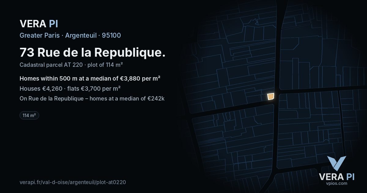 73 Rue de la Republique, Argenteuil at night – the plot lit, the parcels around coloured by the prices near them