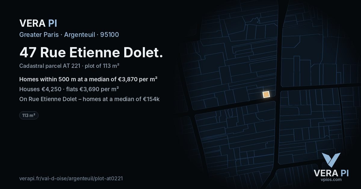 47 Rue Etienne Dolet, Argenteuil at night – the plot lit, the parcels around coloured by the prices near them