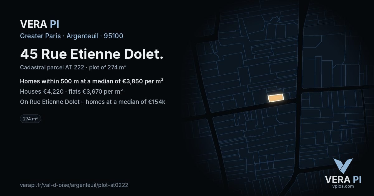 45 Rue Etienne Dolet, Argenteuil at night – the plot lit, the parcels around coloured by the prices near them