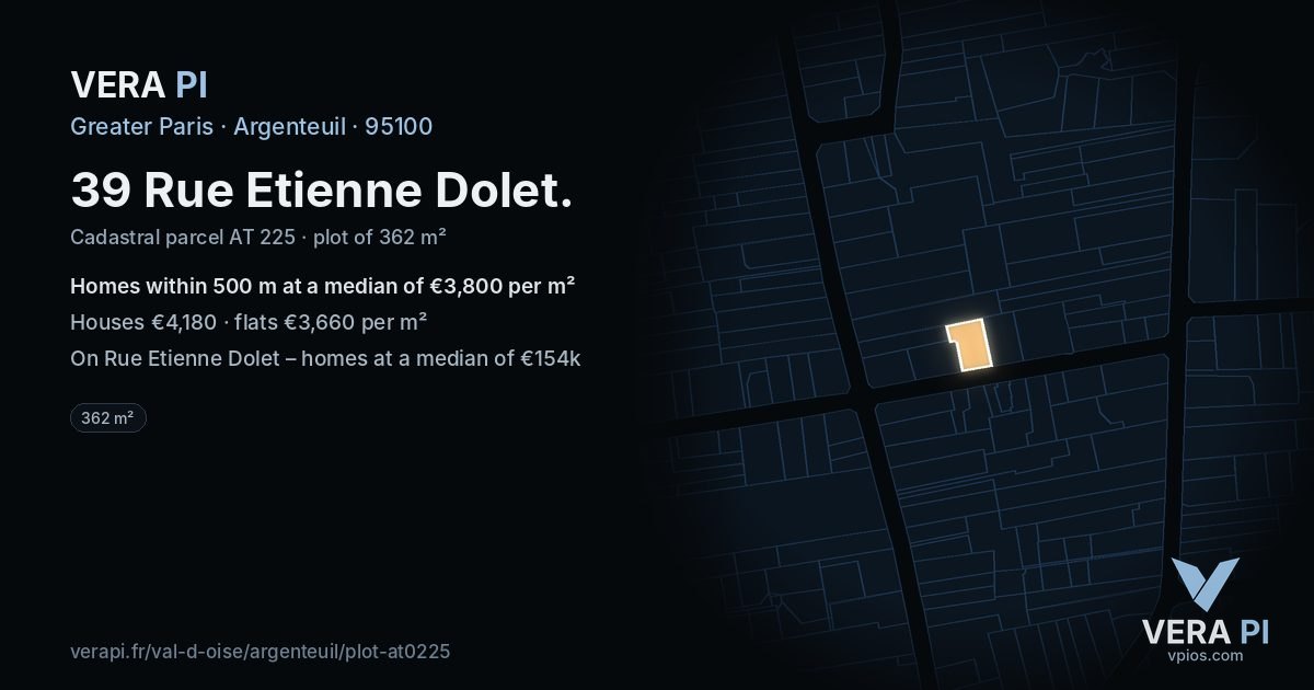 39 Rue Etienne Dolet, Argenteuil at night – the plot lit, the parcels around coloured by the prices near them
