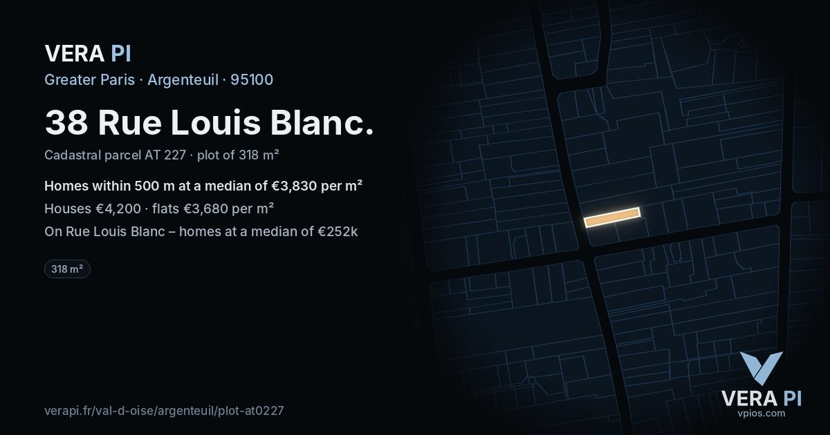 38 Rue Louis Blanc, Argenteuil at night – the plot lit, the parcels around coloured by the prices near them