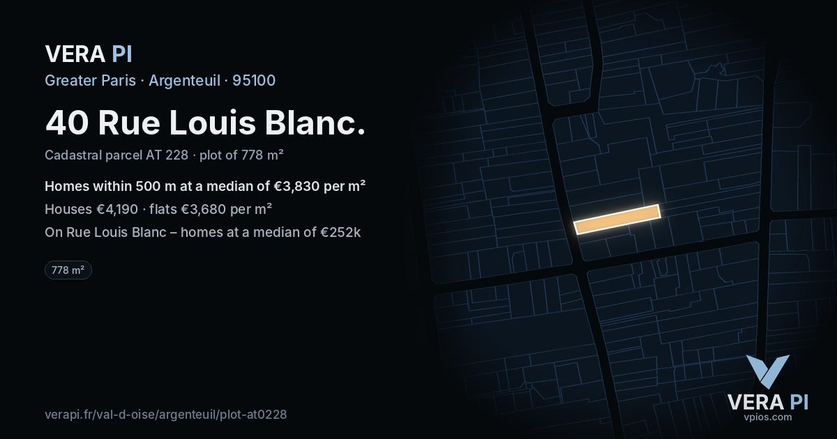 40 Rue Louis Blanc, Argenteuil at night – the plot lit, the parcels around coloured by the prices near them