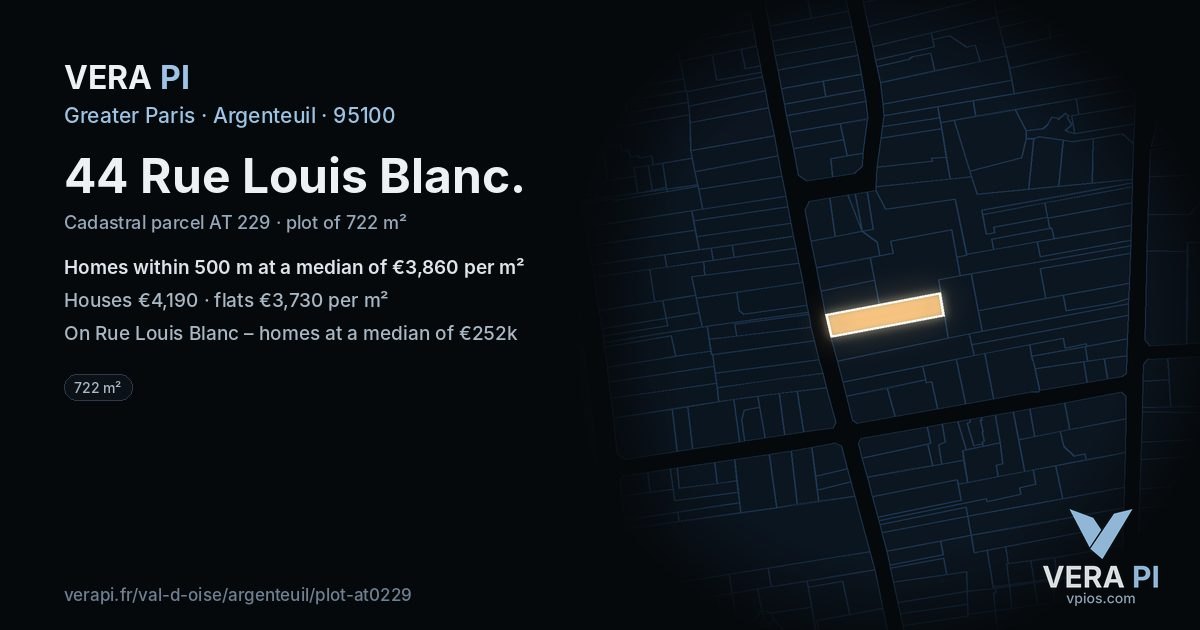 44 Rue Louis Blanc, Argenteuil at night – the plot lit, the parcels around coloured by the prices near them