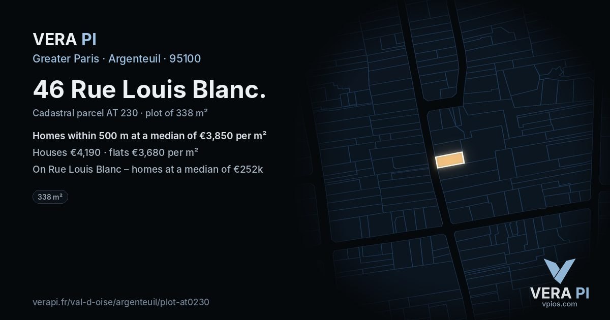 46 Rue Louis Blanc, Argenteuil at night – the plot lit, the parcels around coloured by the prices near them