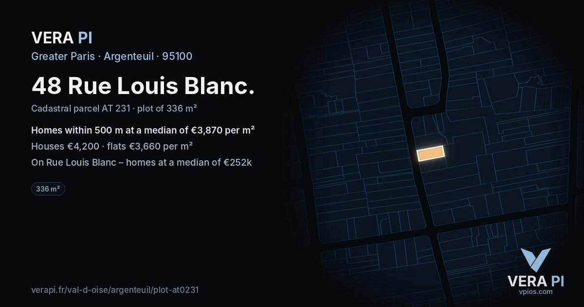 48 Rue Louis Blanc, Argenteuil at night – the plot lit, the parcels around coloured by the prices near them