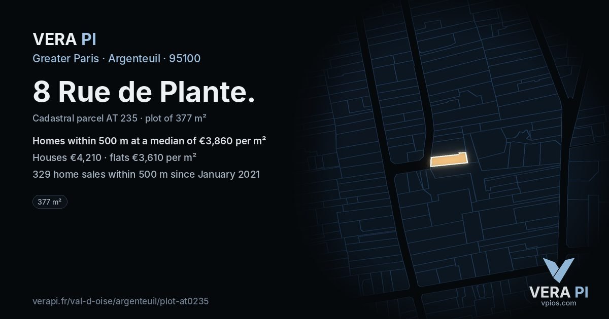 8 Rue de Plante, Argenteuil at night – the plot lit, the parcels around coloured by the prices near them