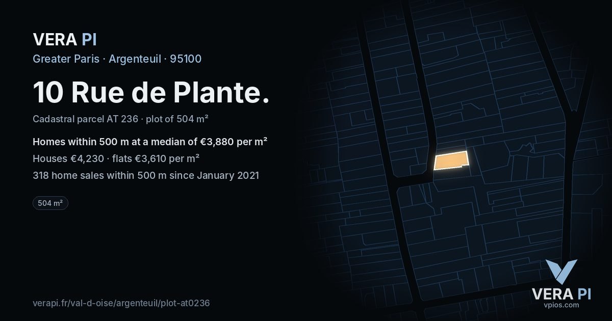 10 Rue de Plante, Argenteuil at night – the plot lit, the parcels around coloured by the prices near them