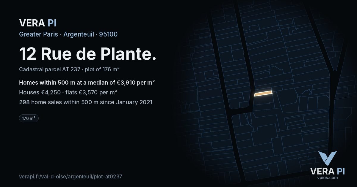 12 Rue de Plante, Argenteuil at night – the plot lit, the parcels around coloured by the prices near them