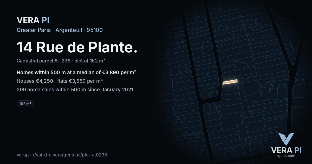 14 Rue de Plante, Argenteuil at night – the plot lit, the parcels around coloured by the prices near them